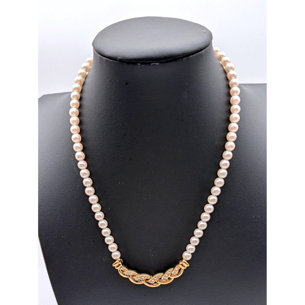 Trifari Vintage Faux Pearl Rhinestone Braided Gold Tone Necklace 16 Inch